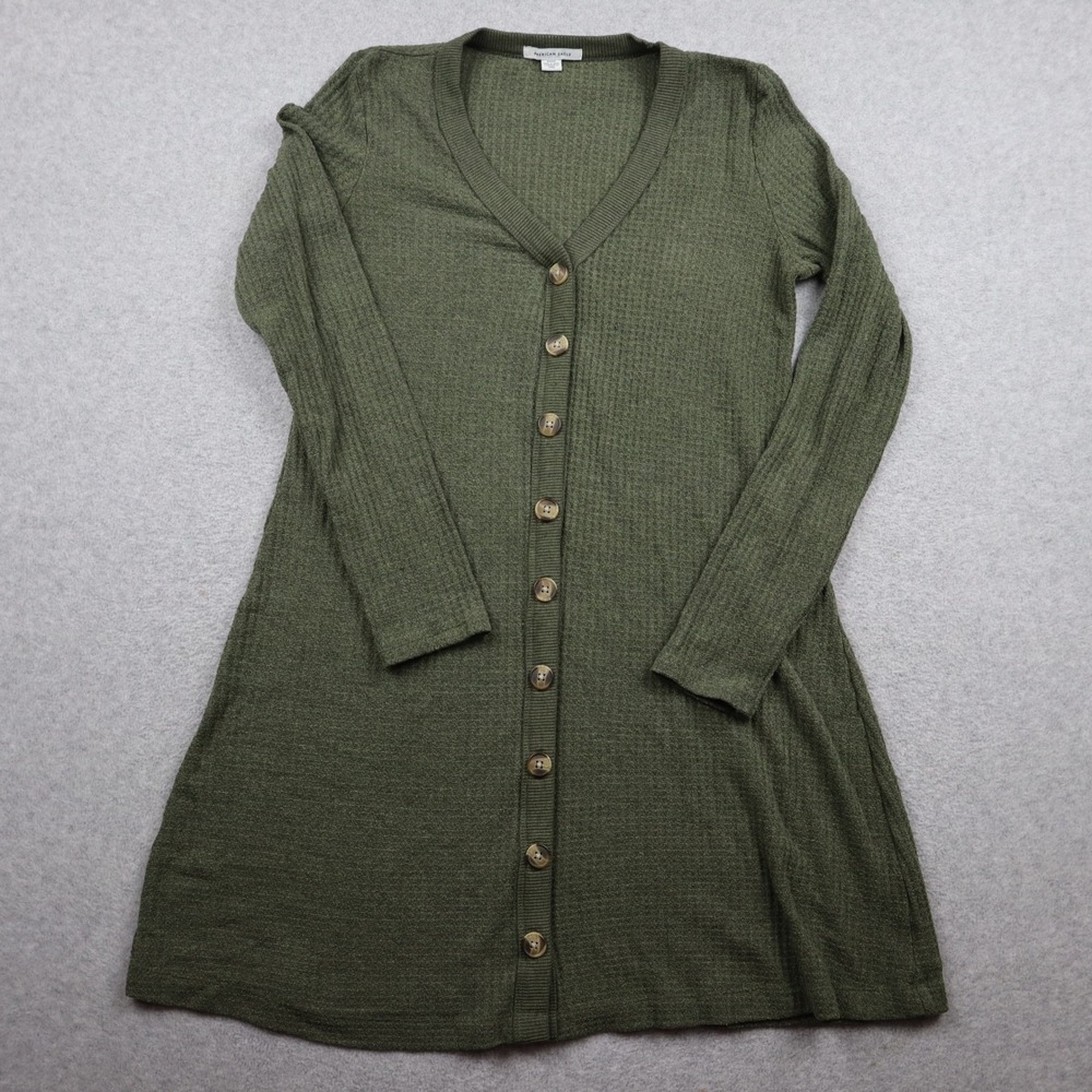 American Eagle Cardigan Womens Medium Waffle Knit Tunic Green Longline Button Up
